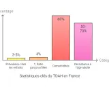 Graphique montrant les statistiques clés du TDAH en France : prévalence chez les enfants (3-5%), ratio garçons/filles (4%), comorbidités (60%), et persistance à l'âge adulte (50-70%). Un test TDAH ado pourrait révéler ces chiffres.