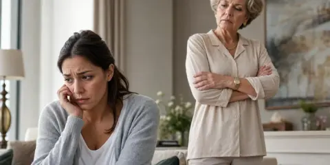 Une jeune femme accablée, jugée par une femme narcissique aux bras croisés.