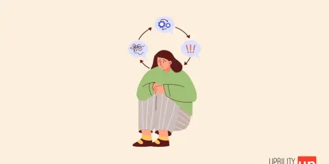 Une personne assise, le regard perdu, entourée de bulles de pensée symbolisant le chaos mental, les engrenages et l'alerte. Une illustration qui évoque les défis du TSA Asperger.
