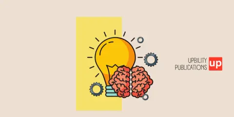 Une ampoule jaune et un cerveau rouge, entourés de rouages, symbolisent une idée brillante. Un test wisk pour l'innovation.