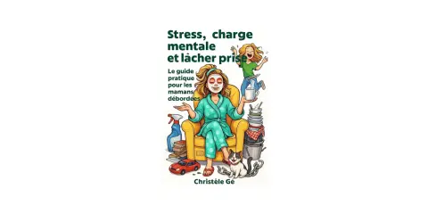 Une maman débordée, masque sur le visage, se détend dans un fauteuil. Autour d'elle, le chaos : vaisselle, jouets, et une autre femme en pleine course. Un guide pour mamans dépassées.