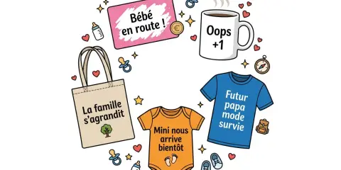Une drôle d'annonce grossesse : "Bébé en route !", "Oops +1", "La famille s'agrandit", "Mini nous arrive bientôt" et un t-shirt "Futur papa mode survie".