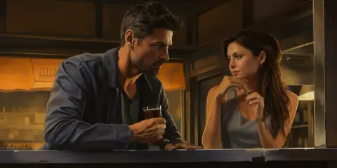 Un homme et une femme se regardent dans un bar. Mon ex revient, mais je n'ai plus confiance.