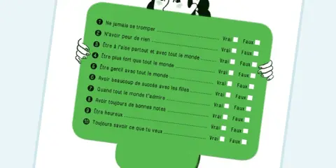 Un personnage tient une liste de questions pour un test sur le manque de confiance en soi. Les questions portent sur l'assurance et le bonheur.