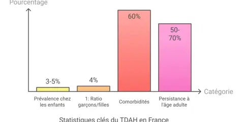 Graphique montrant les statistiques clés du TDAH en France : prévalence chez les enfants (3-5%), ratio garçons/filles (4%), comorbidités (60%), et persistance à l'âge adulte (50-70%). Un test TDAH ado pourrait révéler ces chiffres.