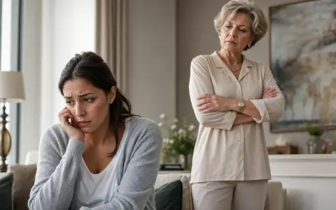 Une jeune femme accablée, jugée par une femme narcissique aux bras croisés.
