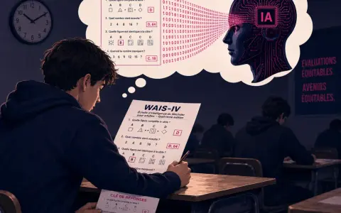 Un étudiant passe un test de QI, son esprit s'interroge sur l'IA et la possibilité de augmenter son QI.