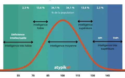 Courbe du QI montrant la distribution normale. Elle illustre les HPI et HPE en même temps, avec des zones pour l'intelligence faible, moyenne et supérieure.