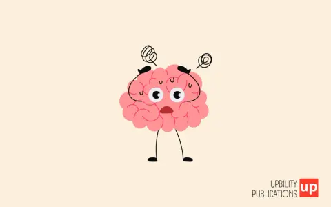 Cerveau rose cartoon, stressé, mains sur la tête, yeux écarquillés. Une illustration qui évoque les défis du HPI et de l'autisme.