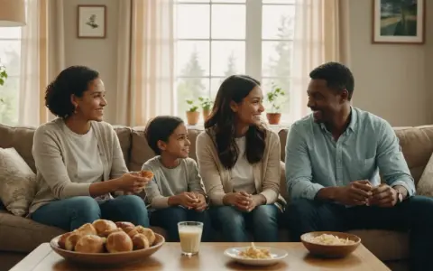 Une famille souriante partage un repas sur le canapé. La maman organisée a préparé des petits pains et des accompagnements pour un moment convivial.