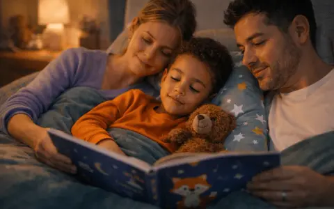 Un doux rituel du coucher pour un enfant de 10 ans : un papa et une maman lisent une histoire à leur fils, blotti contre un ours en peluche.