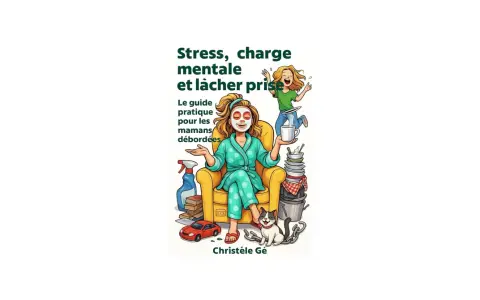 Une maman débordée, masque sur le visage, se détend dans un fauteuil. Autour d'elle, le chaos : vaisselle, jouets, et une autre femme en pleine course. Un guide pour mamans dépassées.
