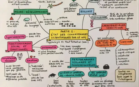 Carte mentale sur le HPI : neuro-développement, fonctionnement social et émotionnel, personnalité, performances scolaires et professionnelles, caractéristiques cognitives. Le HPI est un facteur protecteur.