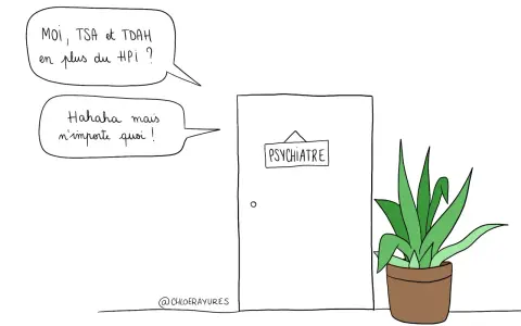 Une personne s'interroge sur un possible neurodivergent test, mentionnant TSA, TDAH et HPI, tandis qu'une autre réagit avec incrédulité devant la porte d'un psychiatre.