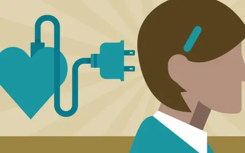 Un cœur bleu relié par un câble à une prise électrique près de la tête d'une personne. Un test HPE pour l'énergie vitale.