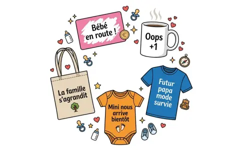 Une drôle d'annonce grossesse : "Bébé en route !", "Oops +1", "La famille s'agrandit", "Mini nous arrive bientôt" et un t-shirt "Futur papa mode survie".