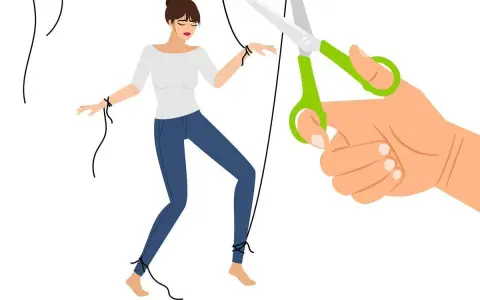 Une femme ligotée, comme une marionnette, est sur le point d'être libérée par des ciseaux, symbolisant la fin d'une relation avec un mari narcissique.