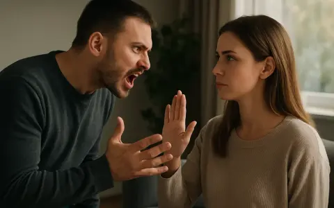 Un homme crie sur une femme qui lève la main pour se protéger. Une scène de conflit, peut-être une tentative de trouver une phrase pour déstabiliser un manipulateur.