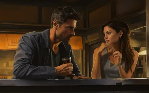 Un homme et une femme se regardent dans un bar. Mon ex revient, mais je n'ai plus confiance.