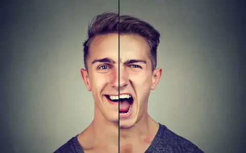 Visage d'homme divisé, montrant un sourire joyeux d'un côté et un cri de colère de l'autre.