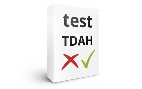 Boîte blanche avec "test TDAH" écrit dessus, un X rouge et une coche verte.