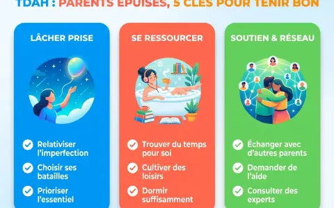 Une maman épuisée manque de sommeil. L'image illustre des clés pour les parents : lâcher prise, se ressourcer et trouver du soutien.