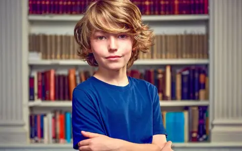 Garçon aux cheveux blonds, bras croisés devant une bibliothèque. Il semble prêt pour un test pour sauter une classe.