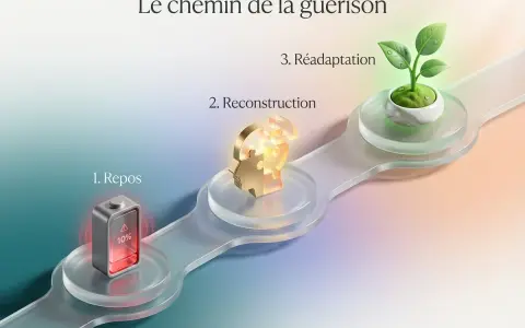 Le chemin de la guérison : 1. Repos (batterie faible), 2. Reconstruction (tête en puzzle), 3. Réadaptation (jeune pousse). Combien de temps pour se remettre d'un pn ?