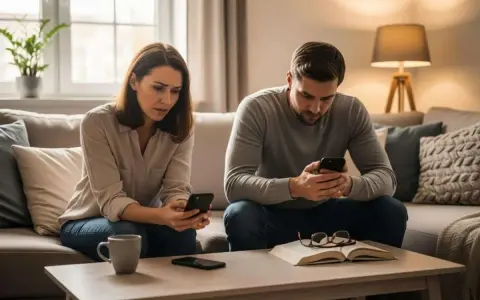 Un couple sur un canapé, chacun sur son téléphone. Elle semble inquiète, lui concentré. Mon mari refuse que je regarde son téléphone, et je me sens exclue.