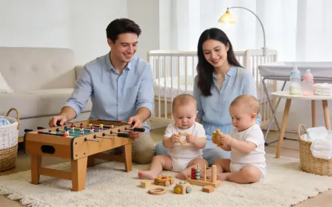 Un père joue au baby-foot pendant que la maman de jumeaux, souriante, observe ses bébés jouer avec des jouets en bois.