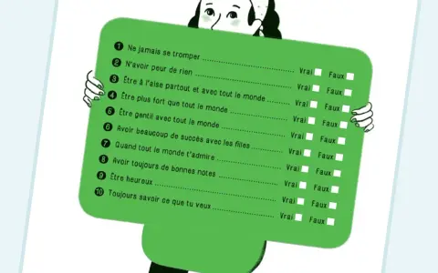 Un personnage tient une liste de questions pour un test sur le manque de confiance en soi. Les questions portent sur l'assurance et le bonheur.