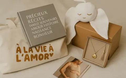 Un joli coffret cadeau pour un message encouragement avant accouchement : un livre, un doudou ange, un collier et une photo de grossesse.