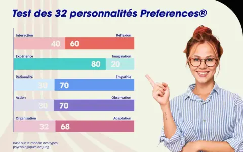 Bilan de personnalité : graphique montrant les préférences d'une personne, avec des scores pour Interaction, Expérience, Rationalité, Action, Organisation, Réflexion, Imagination, Empathie, Observation et Adaptation.