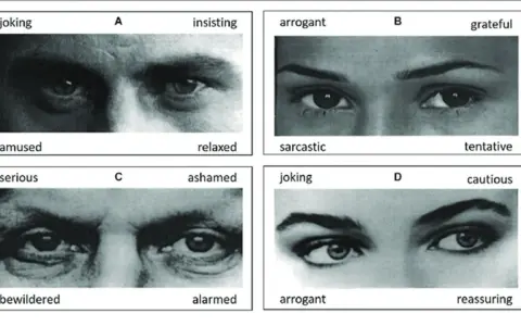 Quatre vignettes montrent des yeux exprimant diverses émotions pour un test d'empathie : amusé, insistant, sarcastique, reconnaissant, perplexe, honteux, arrogant, rassurant.