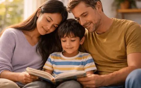 Un enfant lit un livre entouré de ses parents. Une belle scène de **maman famille nombreuse** partageant un moment précieux.