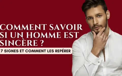 Un homme pensif en chemise blanche, avec le texte "Comment savoir si un homme est sincère ? 7 signes et comment les repérer".