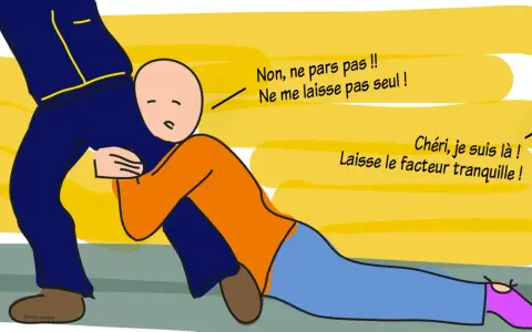 Un homme s'accroche aux jambes d'un autre, implorant "Ne me laisse pas seul !". Une façon de combler un manque affectif ?