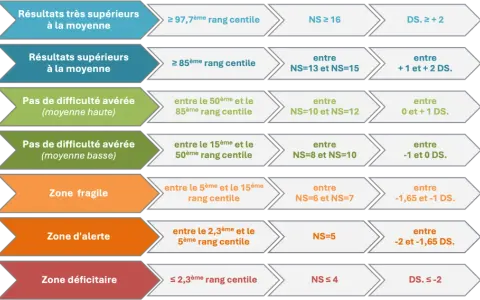 Tableau interprétant les résultats d'un test narcissique, classant les scores en zones (supérieur, moyen, fragile, alerte, déficitaire) selon des rangs centiles et des écarts types.
