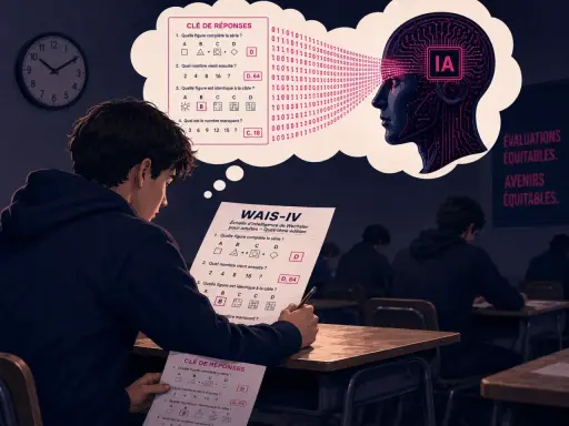 Un étudiant passe un test de QI, son esprit s'interroge sur l'IA et la possibilité de augmenter son QI.