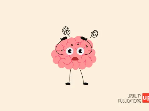 Cerveau rose cartoon, stressé, mains sur la tête, yeux écarquillés. Une illustration qui évoque les défis du HPI et de l'autisme.