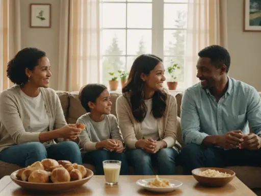 Une famille souriante partage un repas sur le canapé. La maman organisée a préparé des petits pains et des accompagnements pour un moment convivial.