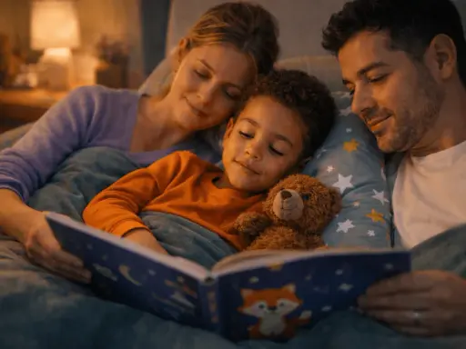 Un doux rituel du coucher pour un enfant de 10 ans : un papa et une maman lisent une histoire à leur fils, blotti contre un ours en peluche.