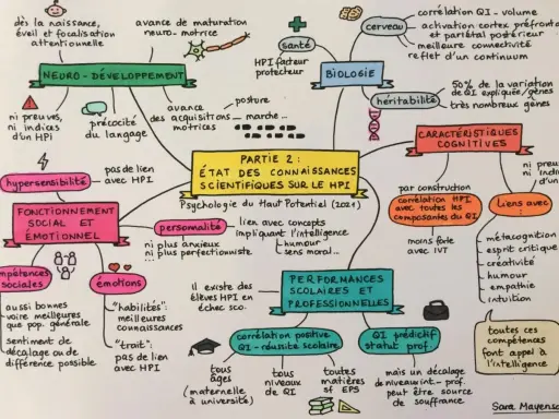 Carte mentale sur le HPI : neuro-développement, fonctionnement social et émotionnel, personnalité, performances scolaires et professionnelles, caractéristiques cognitives. Le HPI est un facteur protecteur.