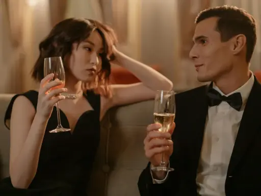Un homme en smoking et une femme en robe noire sirotent du champagne, une scène qui pourrait inspirer sur comment séduire une fille.