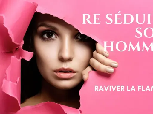 Une femme se dévoile à travers un papier rose déchiré, prête à séduire son mari et raviver la flamme.