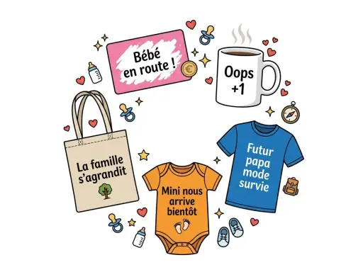 Une drôle d'annonce grossesse : "Bébé en route !", "Oops +1", "La famille s'agrandit", "Mini nous arrive bientôt" et un t-shirt "Futur papa mode survie".