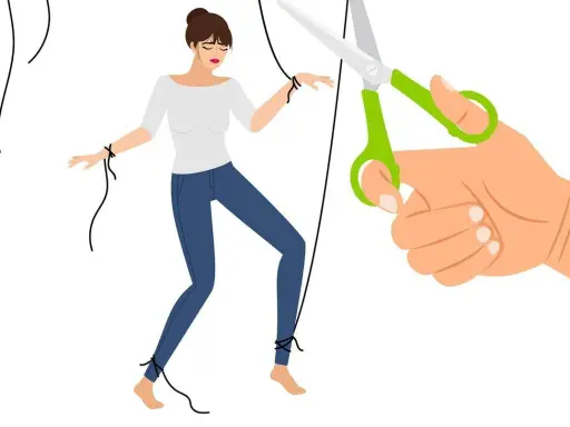 Une femme ligotée, comme une marionnette, est sur le point d'être libérée par des ciseaux, symbolisant la fin d'une relation avec un mari narcissique.
