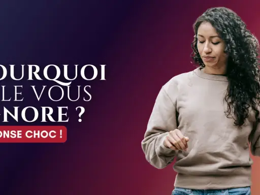 Une femme aux cheveux bouclés fait un geste de la main, l'air dédaigneux. Le texte "Pourquoi elle vous ignore ?" suggère qu'un homme qui lui plaît est ignoré.