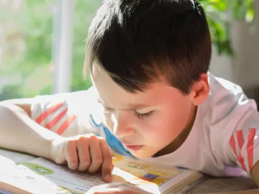 Un garçon concentré lit un livre, son doigt suivant les mots. Un test dys peut être un défi, mais sa détermination est claire.