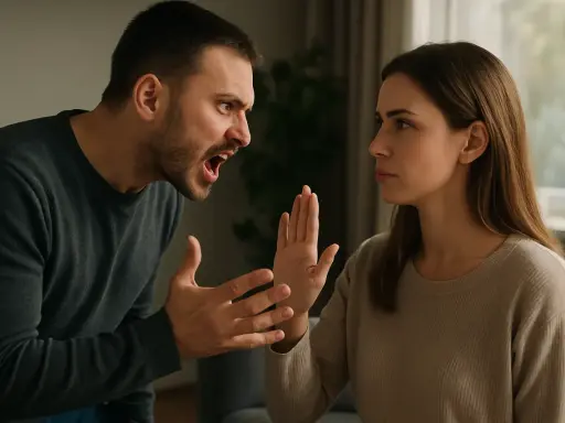 Un homme crie sur une femme qui lève la main pour se protéger. Une scène de conflit, peut-être une tentative de trouver une phrase pour déstabiliser un manipulateur.